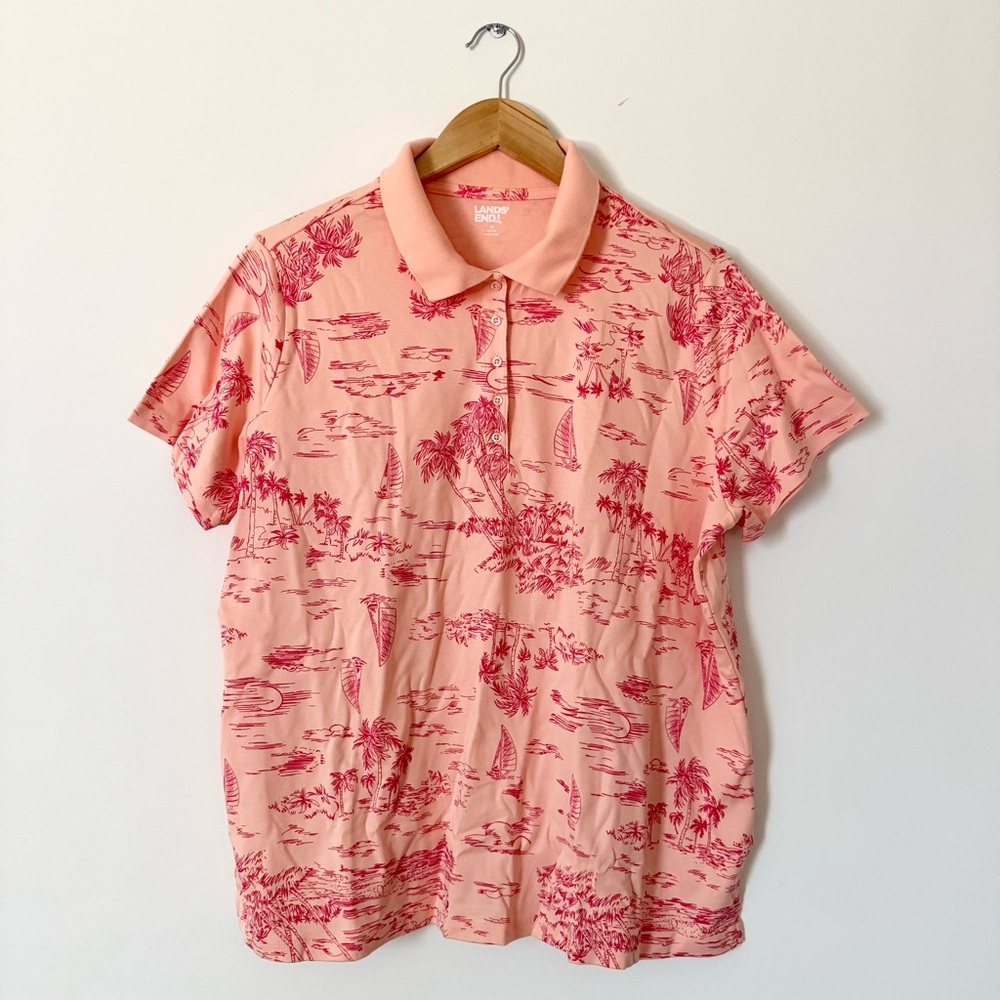 Lands’ End Tropical Polo Top Pink Short Sleeve Cotton Size 1X